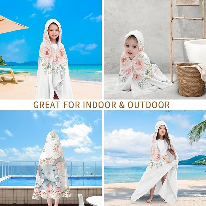 Girl Elephant Floral Personalized Kids Hooded Towel with Name Soft Absorbent Beach Pool Bath Towels Hood Poncho for Boys Girls