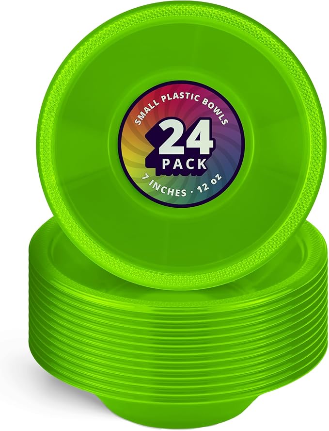 DecorRack 24 Small Plastic Bowls, 7 inch Disposable 12 oz Serving Bowl, Fruit Snack, Popcorn, Soup, and Salad, Kids Birthday and Holiday Party Supplies, Lime Green (Pack of 24)