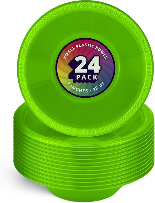 DecorRack 24 Small Plastic Bowls, 7 inch Disposable 12 oz Serving Bowl, Fruit Snack, Popcorn, Soup, and Salad, Kids Birthday and Holiday Party Supplies, Lime Green (Pack of 24)