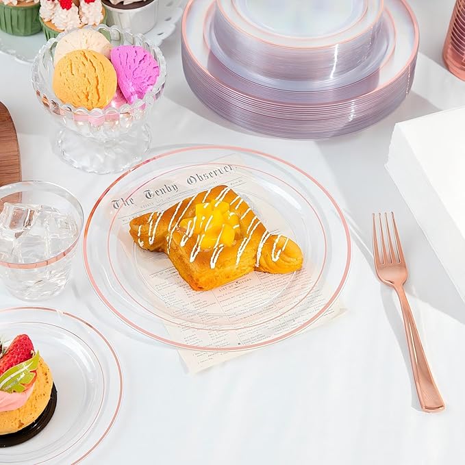 GATHER 350PCS Rose Gold Plastic Plates - Disposable Rose Gold Dinnerware Includes 100 Clear Rose Golds Rimmed Plastic Plates, 150 Silverware, 50 Napkins, 50 Cups for Party, Wedding