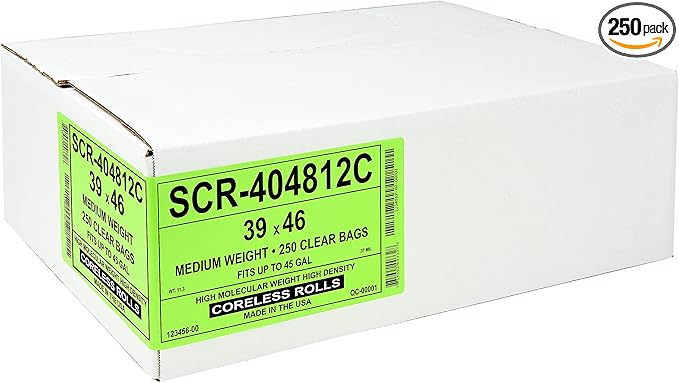 Aluf Plastics 45 Gallon 12 Micron (eq) Clear Trash Bags - 39" x 46" - Pack of 250 - For Home, Office, Bathroom, & Commercial