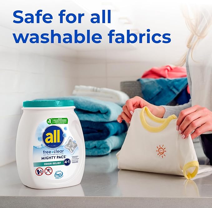 all Unit Dose Laundry Detergent, Mighty Pacs, Free Clear, Odor Relief, 72 Count