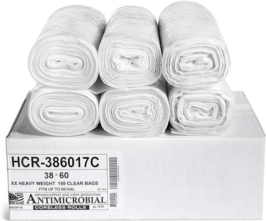 Aluf Plastics High Density Trash Bags, 60 Gallon, 150 Count, 17 Micron (eq), 38" x 60", Clear, for Bathroom, Office, Industrial, Commercial, Janitorial, Municipal, Recycling