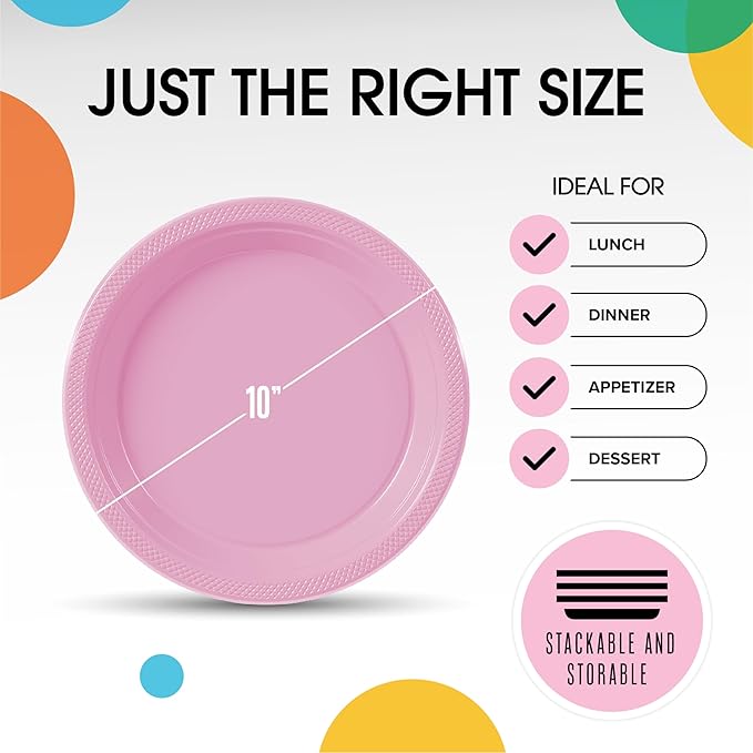 Exquisite Party Solids Pink Plastic Plates For Party Supplies 10" Pink Disposable Plates Heavy Duty 50 Pcs Plastic Dinnerware Sets Heavy Duty 350 GSM Disposable Dinnerware Set