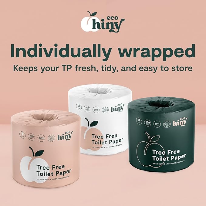 ecoHiny Premium & Soft Bamboo Toilet Paper | PFAS Free | 12 Mega Rolls, 3 ply & 350 Sheets | Non Toxic, FSC Certified, Septic Safe, BPA Free | Tree Free Toilet Tissue | Plastic Free Packaging