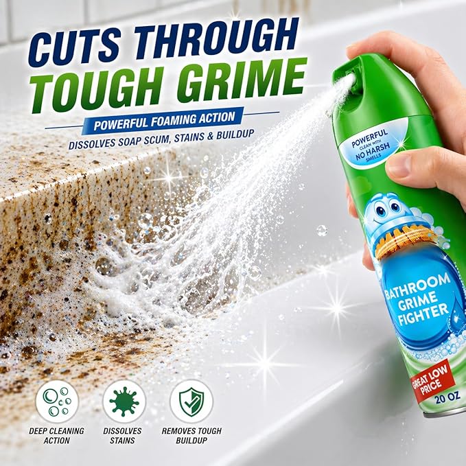 Bathroom Cleaner Spray, Foam Action Shower & Tub Cleaner, 20 oz, Multi Surface Cleaning Solution for Tiles, Sinks & Bathtubs, Fresh Scent