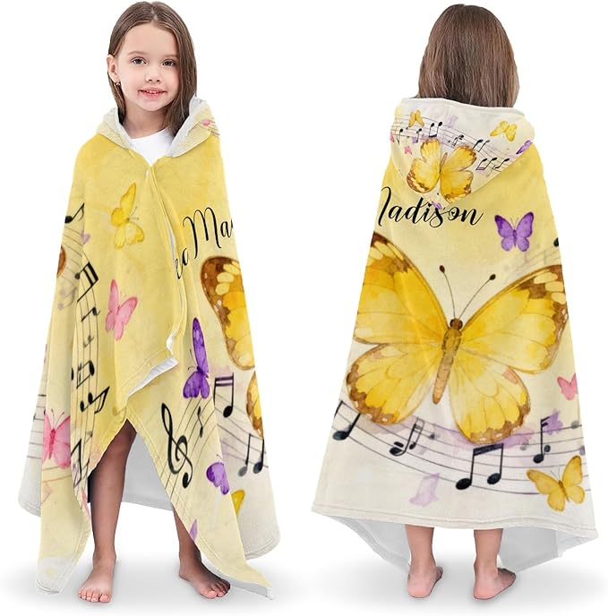 Yellow Butterfly Music Personalized Hooded Towel Absorbent Wrap Soft Pool Beach Bath Towels Hood Poncho for 5-12 Years Kids Boys Girls