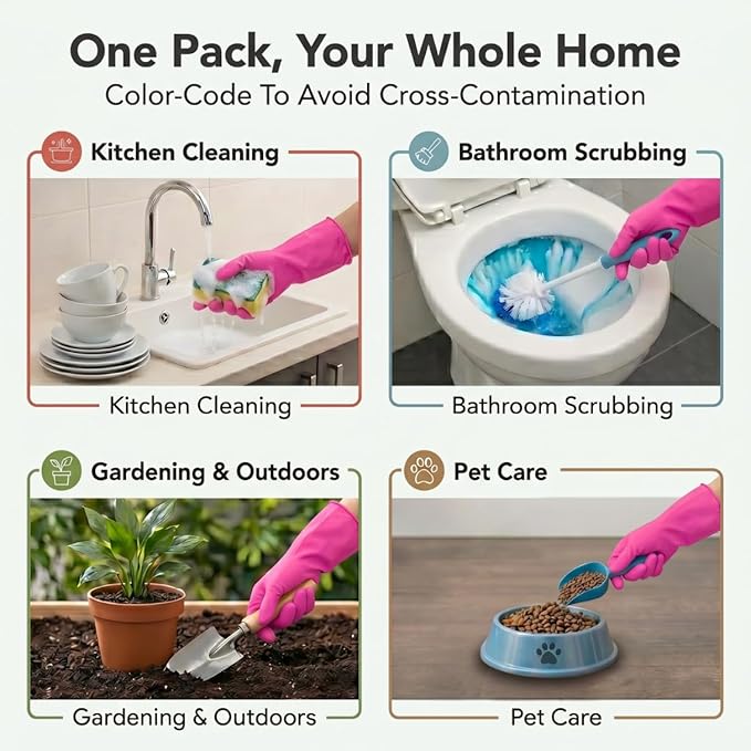 ForPro Natural Rubber Gloves, 6 Pairs Reusable Multi-Purpose Household Cleaning Gloves with Soft Inner Lining, Waterproof & Chemical-Resistant, Cotton Candy, X-Large