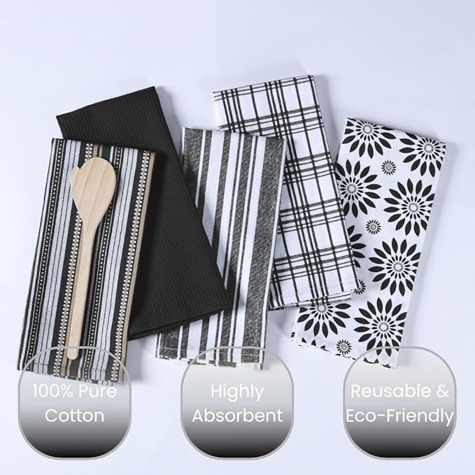 Assorted Kitchen Towels Large 16x26 inch 100% Cotton Set of 5 - Soft Absorbent Washable Tea Towel for Kitchen - Dish Cloths Towel with Hanging Loop - Quick Drying Dish Towels Black