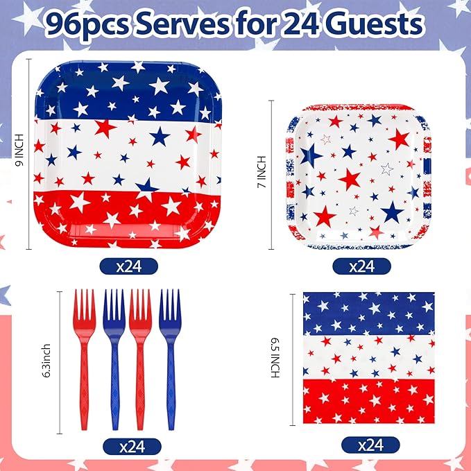 Patriotic Plates and Napkins,96Pcs 4th of July Tableware Set, American Flag Patriotic Party Supplies with Disposable Paper Plates, Napkins,Forks for 250th Anniversary Independence Day,Serves 24