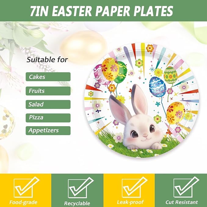 72 Pcs Easter Paper Plates 7in Disposable Bunny Dessert Plates Napkins and Forks Easter Party Tableware Set Decoration Supplies for Spring Birthday Baby Shower Party, Serve 24
