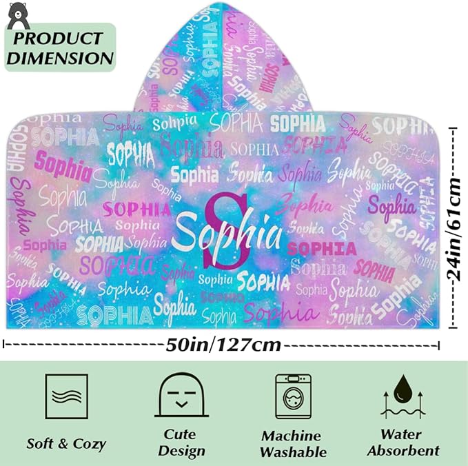 Personalized Hooded Kids Beach Towels - Toddler Bath Towel Girls Boys Swim Cover-ups for Children Pool Towels Lightweight Soft Beach Poncho 24x50IN, Watercolor Pink Blue Galaxy
