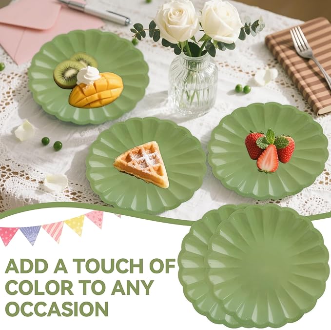50Pcs Large Scalloped Sage Green Paper Plates 7Inch Shell Edge Dessert Plates for Cake Salad Fruit Disposable Dessert Serving Plates for Birthday Wedding Baby Shower Party Decorations