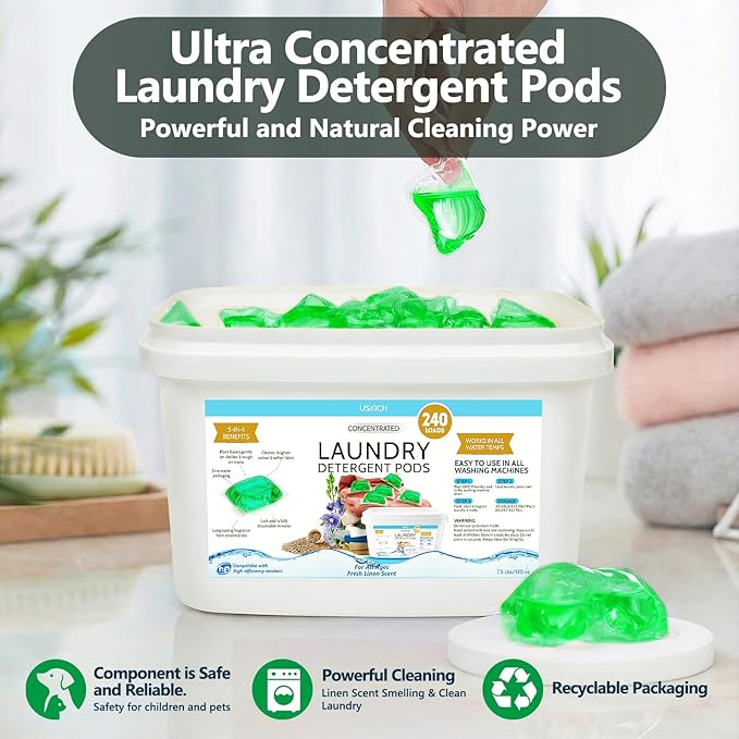 240 Pack Laundry Detergent Pods- 5-in-1 Stain Remover Laundry Soap Pods- Ultra Concentrated,Dissolvable Detergent Pods Bulk for Washing Machines,Linen Scent