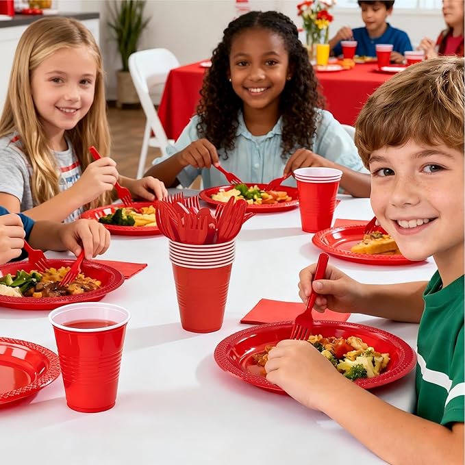 WELLIFE 210 PCS Red Plastic Plates for 30 Guests - Disposable Dinnerware Set Including Dinner Plates, Dessert Plates, 12oz Cups, Cutlery & Napkins, Red Disposable Plates for Valentines