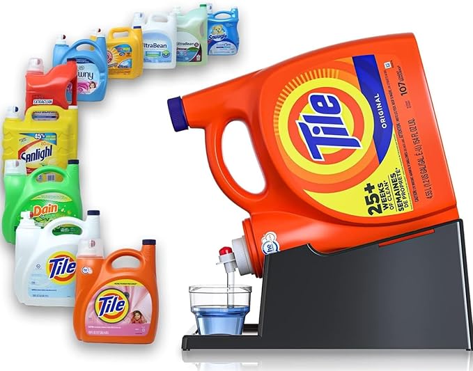 TidyFriend 2 Pack Liquid Laundry Detergent Holder Stand with Strap, Drip Tray & Rubber Feet, Stand for Laundry Room Organization and Storage, Fabric Softener Dispenser Holder for Easy Pouring (Black)