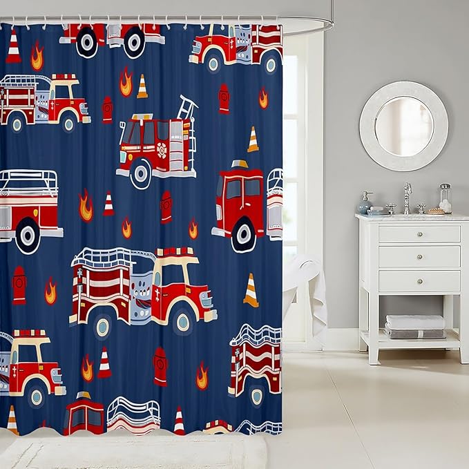 Feelyou Cartoon Car Shower Curtain for Girls Boys Kids Fire Truck Bathroom Shower Curtain Setative Firefighter Bath Curtain Firemen Car Vehicle Navy Blue Red Kids Bathroom Accessories 72"x72"