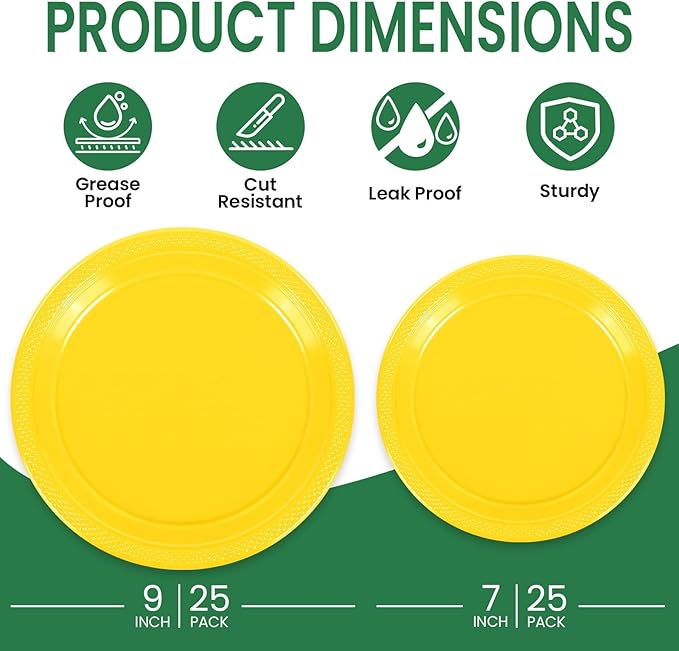LANLISA 50 Pcs Yellow Plastic Plates For Party, 25-9" & 25-7" Disposable Cake Dessert Plates For Birthday, Picnic, Easter Dinner