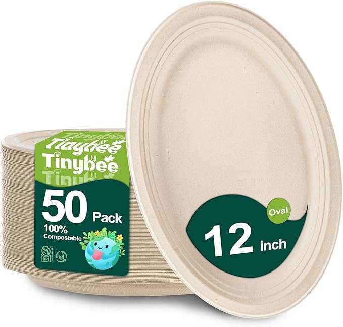 Tinybee 100% Compostable Oval Paper Plates 12 Inch [50-Pack] Heavy-Duty, Eco-Friendly, Biodegradable Bagasse Platters, Natural Unbleached Brown Disposable Plates for BBQ/Picnic/Party (BPI-Certified)