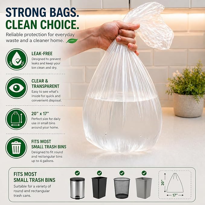 2.6 Gallon Clear Bathroom Trash Bags (240 Bags) 2 Gallon Small Garbage Bags 10 Liter Plastic Wastebasket Trash Can Liners for Home and Office Bins, 240 count