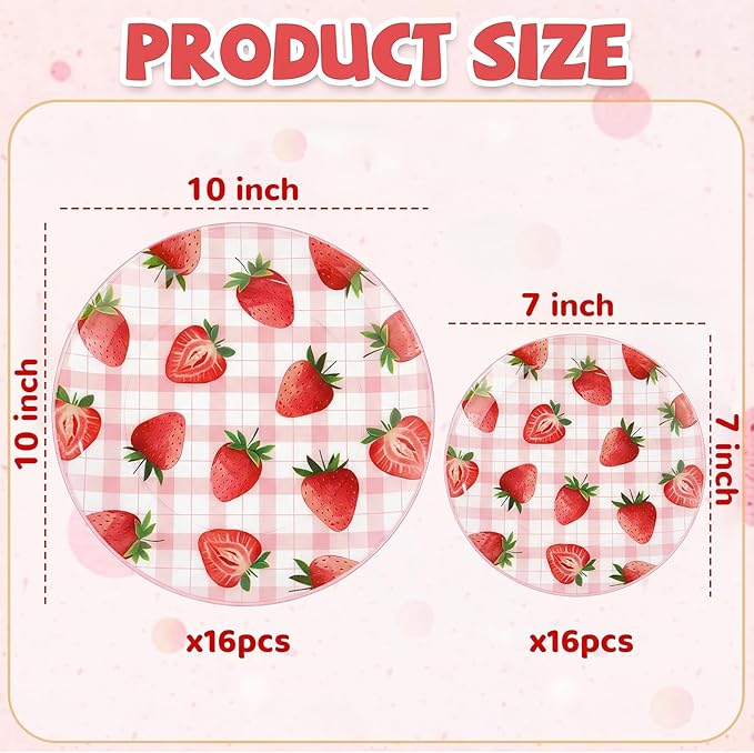 Liacere 32Pcs Strawberry Plastic plates - Strawberry Checkered Disposable Tableware - 16 Dessert Plates, 16 Dinner Plates, Ideal for Spring Picnics, Parties, Birthdays, and Gatherings