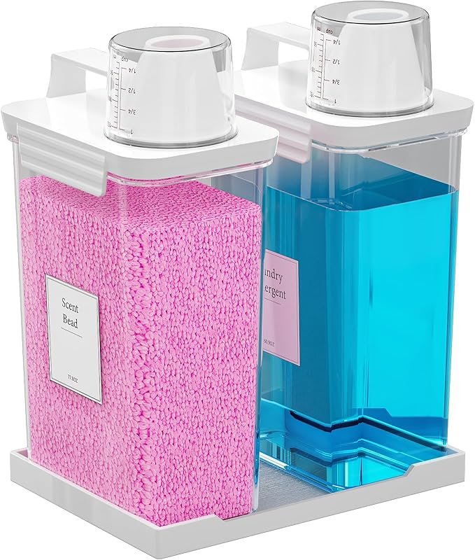 77.8OZ Laundry Detergent Dispenser Container, 2 Pack Liquid Laundry Dispenser, Plastic Detergent Dispensers for Laundry Room/Powder/Fabric Softener with Labels/Tray, Clear