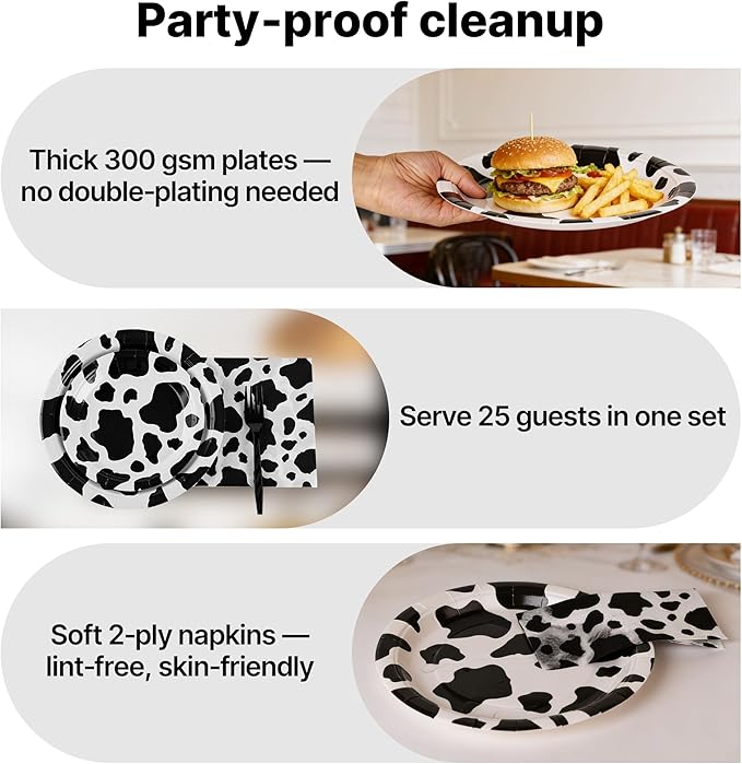 100 Pcs Cow Themed Party Supplies for 25 Guests, Heavy-Duty 7" & 9" Paper Plates, 2-Ply 13" Napkins & Plastic Forks, Disposable Cow Print Tableware Set for Farm Western Theme Party