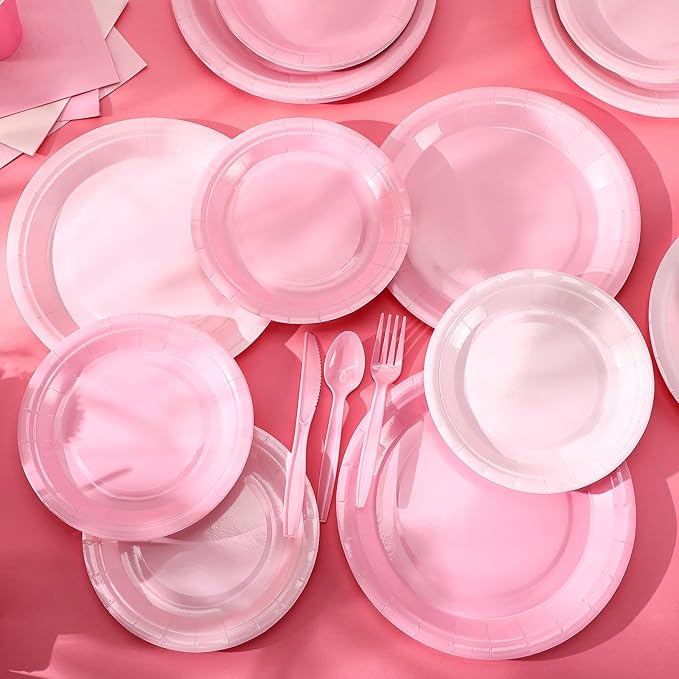 Nuogo 168 Pcs Pink Party Supplies Set Pink Paper Plates Napkins Cups Plastic Spoons Forks Knives Disposable Dinnerware for Birthday Baby Shower Wedding
