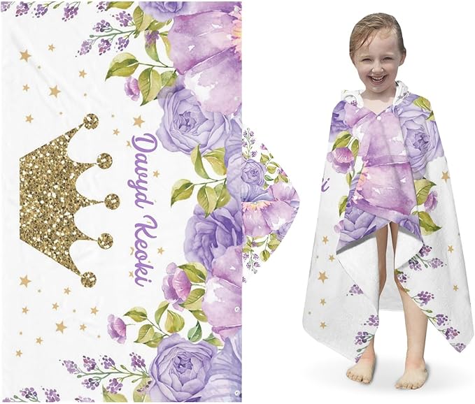 Purple Crown Floral Personalized Kids Hooded Towel with Name Soft Absorbent Beach Pool Bath Towels Hood Poncho for Boys Girls