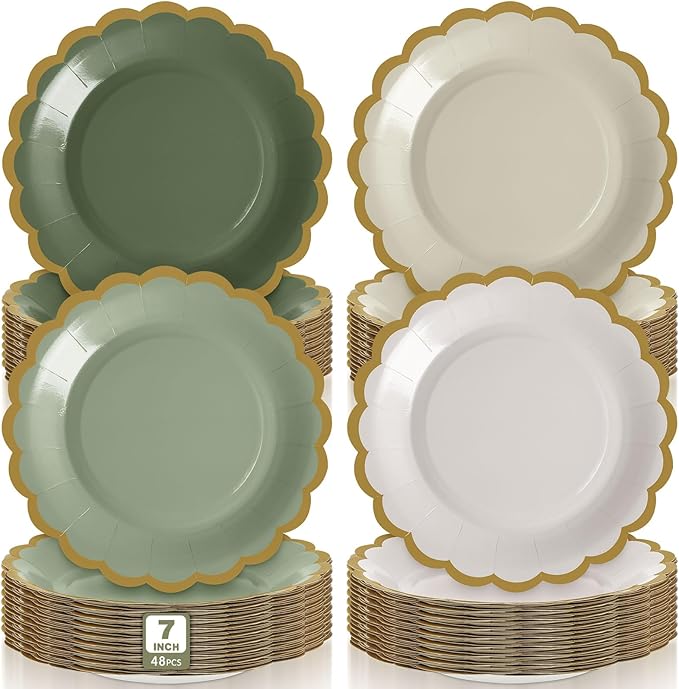 48 Pcs Gradient Sage Green Paper Plates 7 Inch Scalloped Disposable Dessert Plate for Coquette Bridal Pink Bow Wedding Birthday Baby Shower Party Supplies