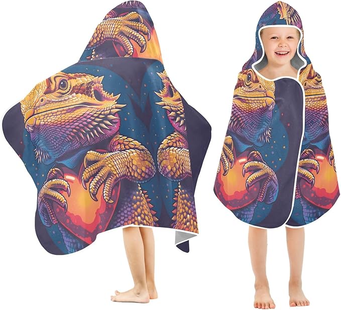 Hooded Towel for Kids Lizards Holding Love Heart Beach Wrap Bath Towels 50x23.5in