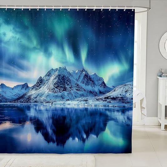 Aurora Bath Curtain Galaxy Starry Sky Aurora Bathroom Shower Curtain Set Mountain Landscape Shower Curtain for Stalls Bathtubs Natural Scenery Art Waterproof Bathroom Curtains Room Decor 72x84 Inch