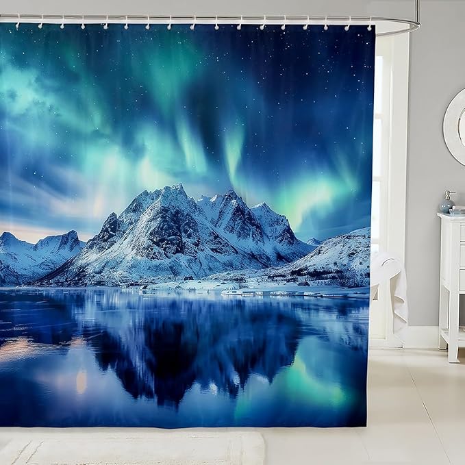 Aurora Bath Curtain Galaxy Starry Sky Aurora Bathroom Shower Curtain Set Mountain Landscape Shower Curtain for Stalls Bathtubs Natural Scenery Art Waterproof Bathroom Curtains Room Decor 72x72 Inch