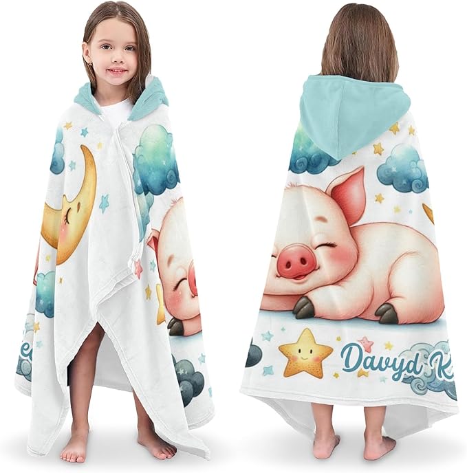 Pig on Clouds Personalized Kids Hooded Towel with Name Soft Absorbent Beach Pool Bath Towels Hood Poncho for Boys Girls
