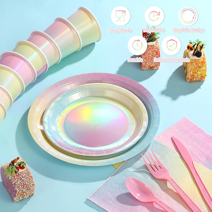 Iridescent Pastel Rainbow Party Decorations - Serve 50, Holographic Pastel Paper Plates and Napkins, Disposable Iridescent Rainbow Plates, Cups, Napkins for Girls Birthday, Wedding, Baby Shower