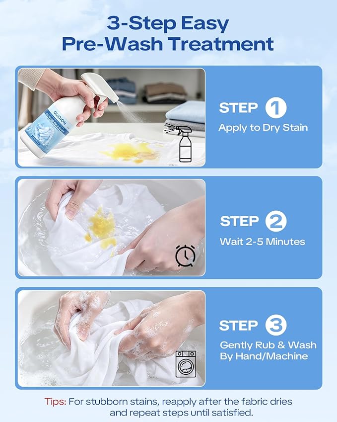 Clothing Emulsifier Stain, Non-Ionic Laundry Pre-Treatment, Stain Remover for Oil, Sweat, Cosmetic & Food Stains, Active Enzyme Fabric Cleaner, 10 FL OZ (Pack of 1) 3PCS