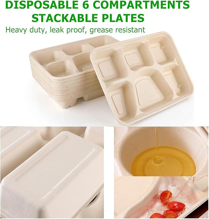 50 Pack 6 Compartment Disposable Plate, Heavy Duty Divided Paper Plates for Dinner, Microwavable Freezer Safe School Food Lunch Platter Tray for Party Dinner Buffet