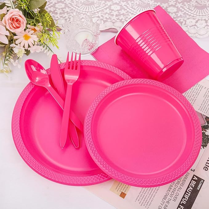 WELLIFE 210Pcs Hot Pink Plates, Disposable Dinnerware Set, Including Hot Pink Plastic plates, 12oz Cups, Plastic Cutlery and Napkins Serve 30 Guests, Plastic Plates for Party and Valentine,Galentines