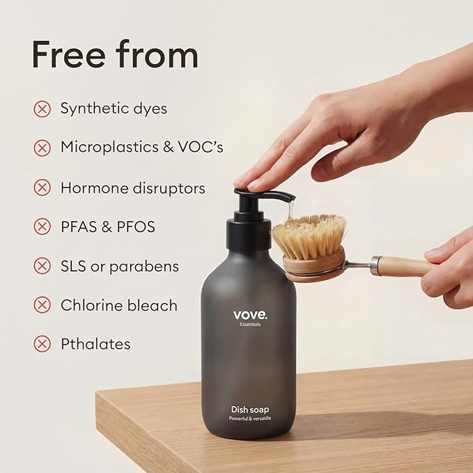 Vove Dish Soap Starter Set with Refillable Glass Pump Bottle & 3 Refills, Bergamot Mint & Basil, Powder-to-Gel Dishwashing Liquid, Plant-Based Concentrated Formula, Plastic-Free Packaging