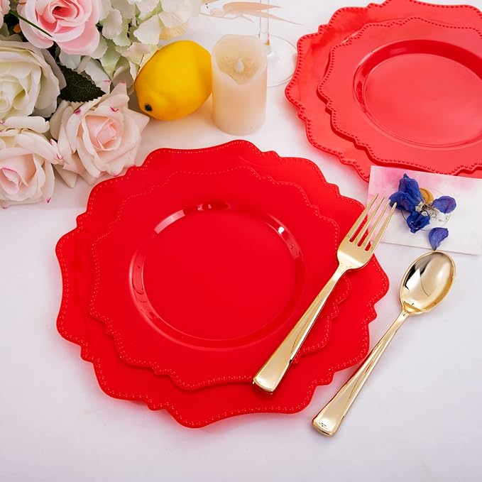 COLOSUS Disposable Plastic Plates 60Pcs, Christmas Red Plastic Party Plates, Heavy Duty 30 Dinner plate 10.5” and 30 Salad/Dessert Plate 8.25” for Christmas party dinner