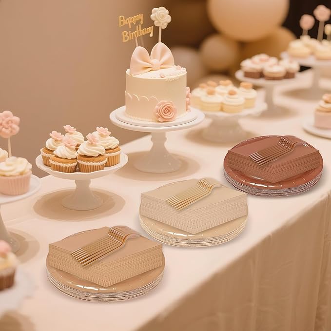 Serves 35 Guests Gradient Brown Plates and Napkins Party Supplies,7" Gradient Brown Birthday Dessert Paper Plates and Napkins,Disposable Party Dinnerware for Wedding,Graduation