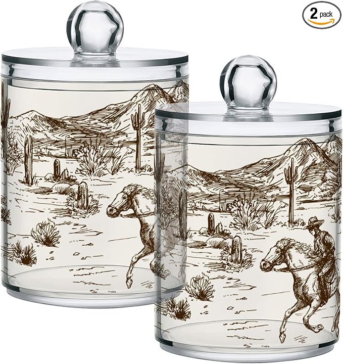 Blueangle 2 Pack Western Desert Cowboy Qtip Holder Dispenser for Cotton Ball, Cotton Swab - Plastic Apothecary Jar Set for Bathroom Canister Storage Organization