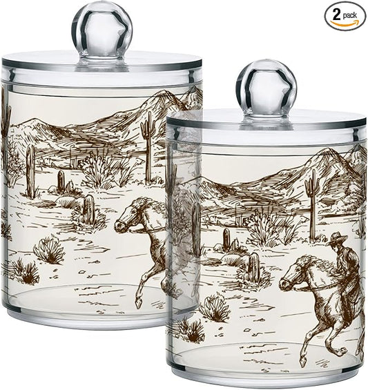 Blueangle 2 Pack Western Desert Cowboy Qtip Holder Dispenser for Cotton Ball, Cotton Swab - Plastic Apothecary Jar Set for Bathroom Canister Storage Organization