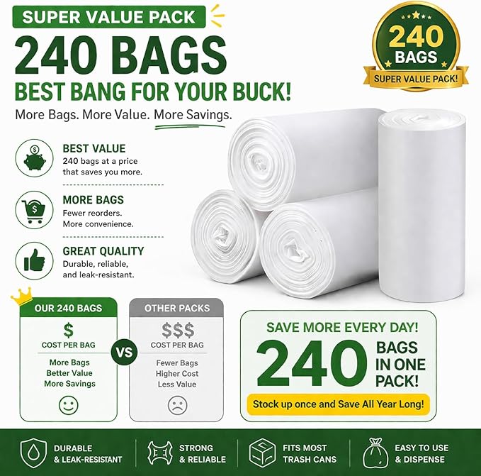 Small Trash Bags CCLINERS 1.2 Gallon 240 Small Clear Garbage Bags Mini Bathroom 1 Gallon Trash Bags, 240 Count
