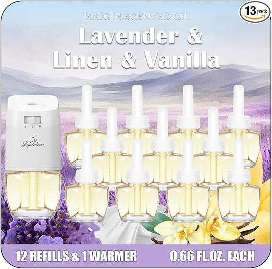 Plug In Air Fresheners for Home – 12 Pack Scented Refills with 1 Plug In Warmer – Linen, Lavender, Vanilla, Long Lasting Fresh Air Freshener, Odor Eliminator for Bathroom, Room, House