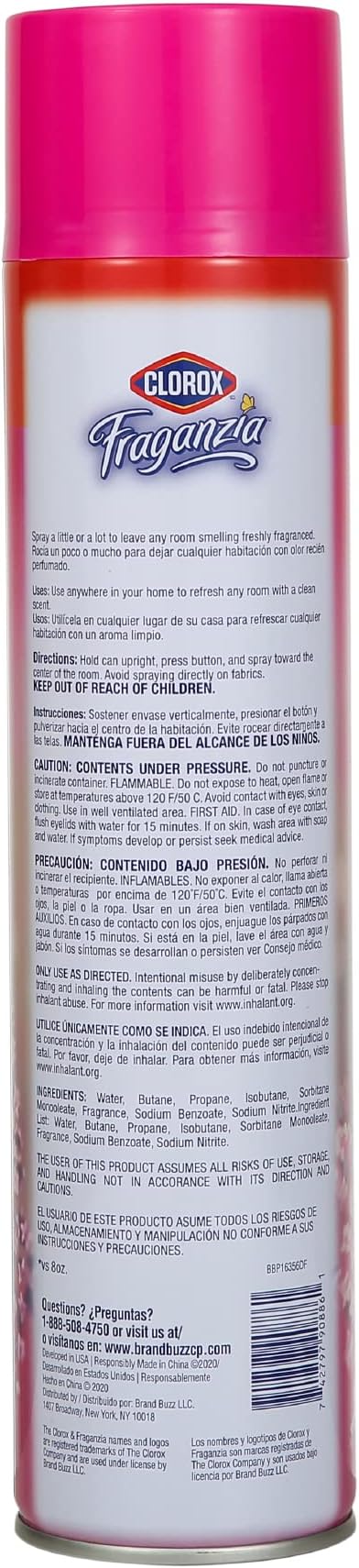 Clorox Fraganzia Aerosol Air Freshener Spray in Spring Scent - Long-Lasting Odor Eliminator and Room Freshener for Home, Bathroom, Bedroom, and Kitchen, 20 oz Bonus Size - 12 Pack