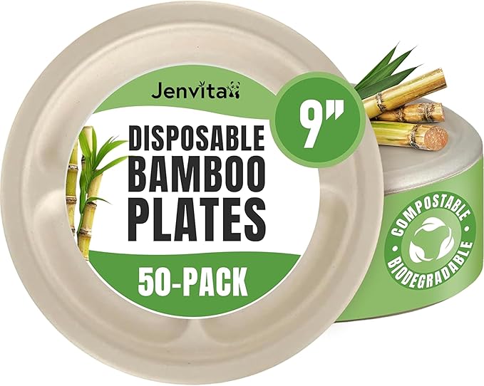 Jenvita Bamboo Paper Compartment Plates Disposable (50-Pack, 9-inch) - Sturdy & Microwave Safe | Heavy Duty Disposable Plates with Dividers | PFAS Free, Compostable | FSC Certified Plastic Alternative