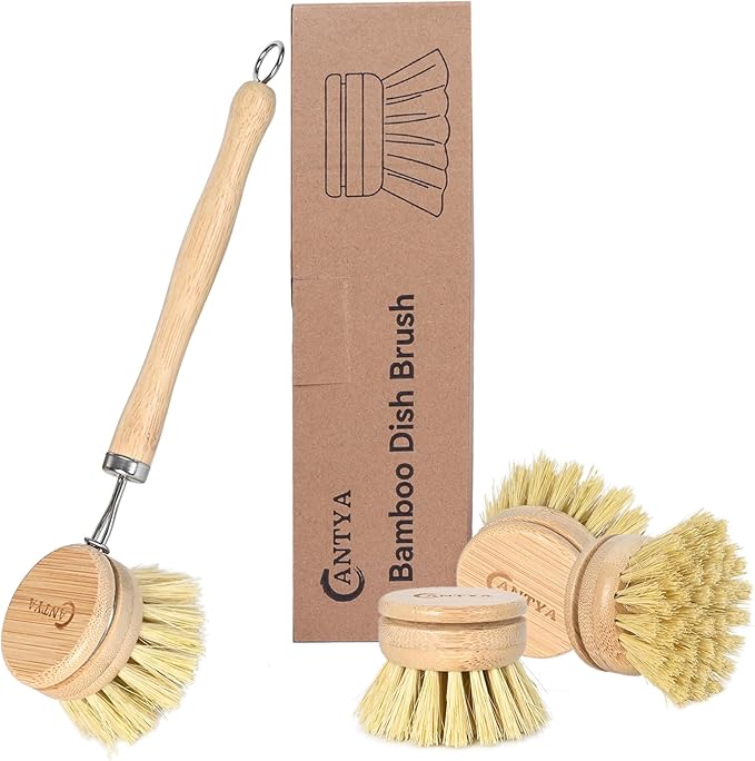 Bamboo Dish Brush with Handle - Soft Bristle, Non Toxic Dish Scrubber Compostable & Sustainable Bamboo Scrub Brush for Dishes, Pots and Pans