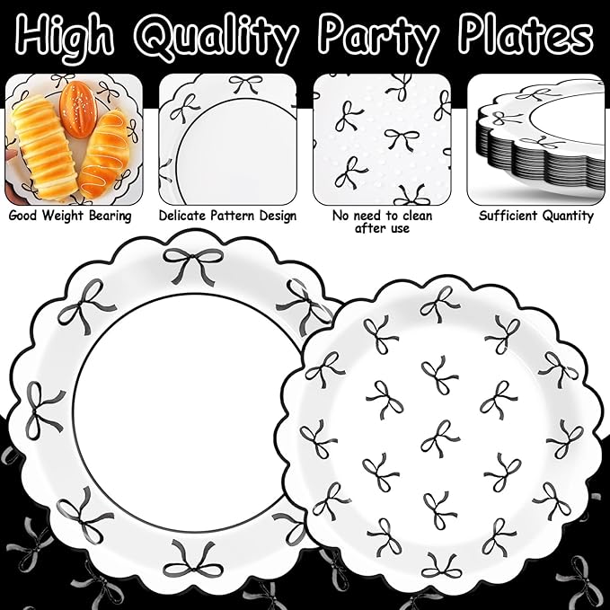 96Pcs Black White Bow Party Decorations Girl Bow Birthday Paper Plates Napkins Supplies Bowknot Themed Cake Tableware Dinnerware for Bachelorette Engagement Wedding Baby Bridal Shower Serves 24