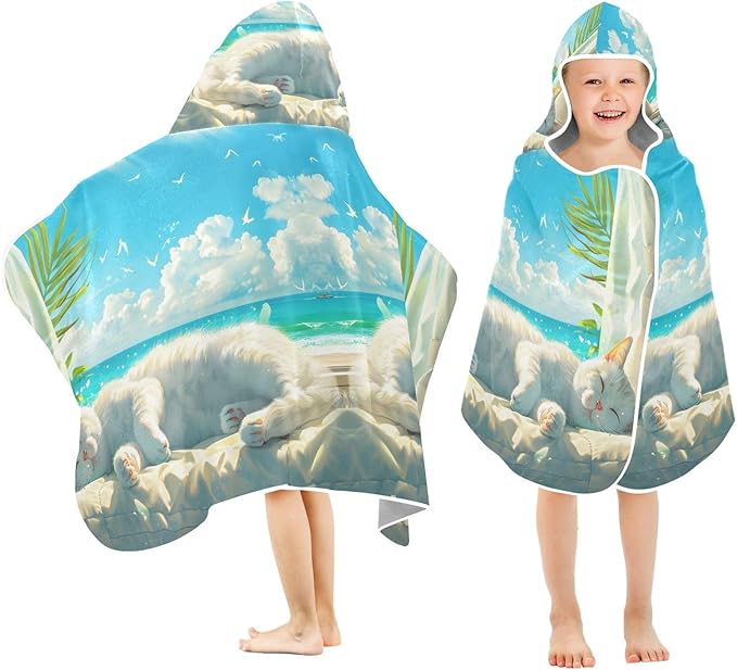 Hooded Towel for Kids Cute White Cat Lying and Basking Beach Wrap Bath Towels 50x23.5in